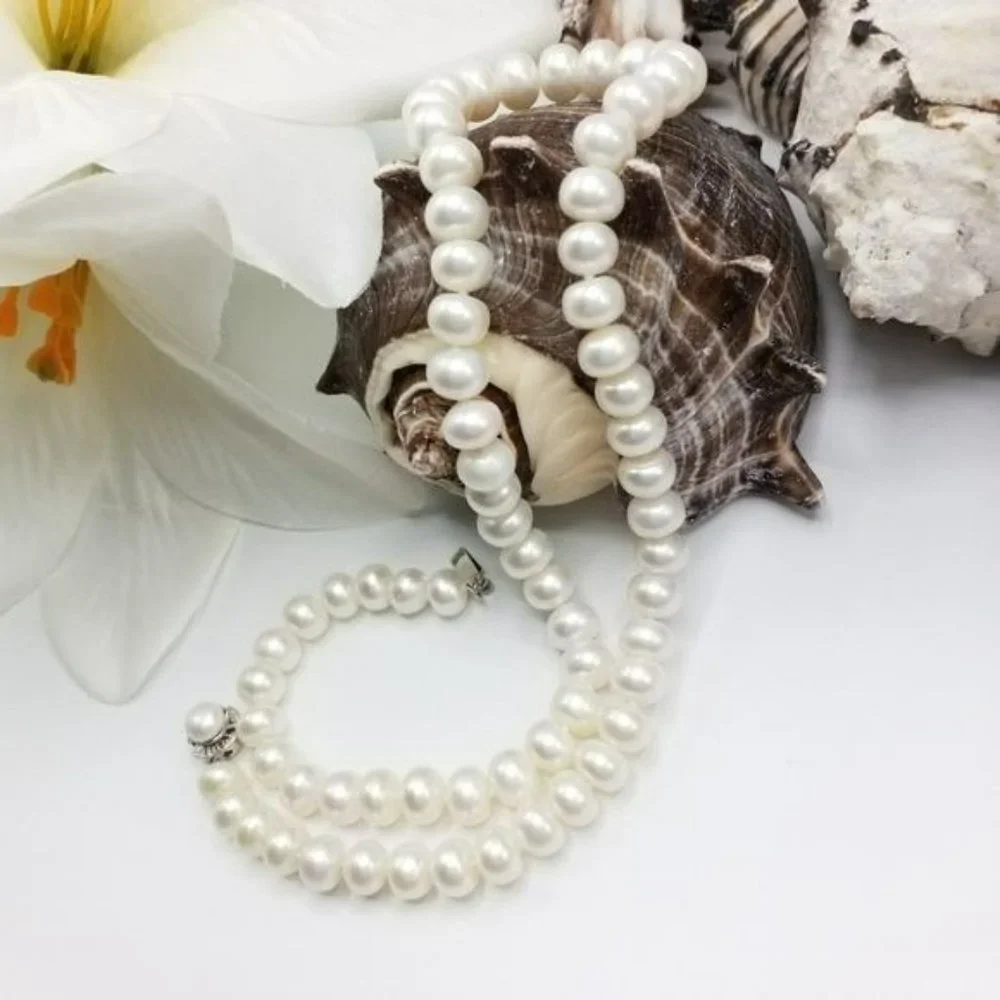 925 Sterling‎ Silver White Freshwater Pearl Necklace With Flower Shaped Clasp